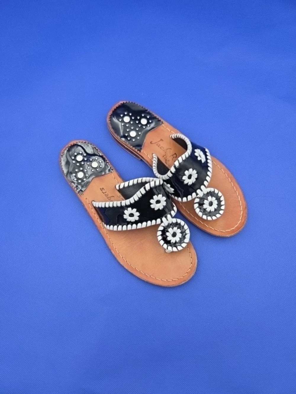 Jack Rogers Black and White Floral Leather Sandals Size 5
